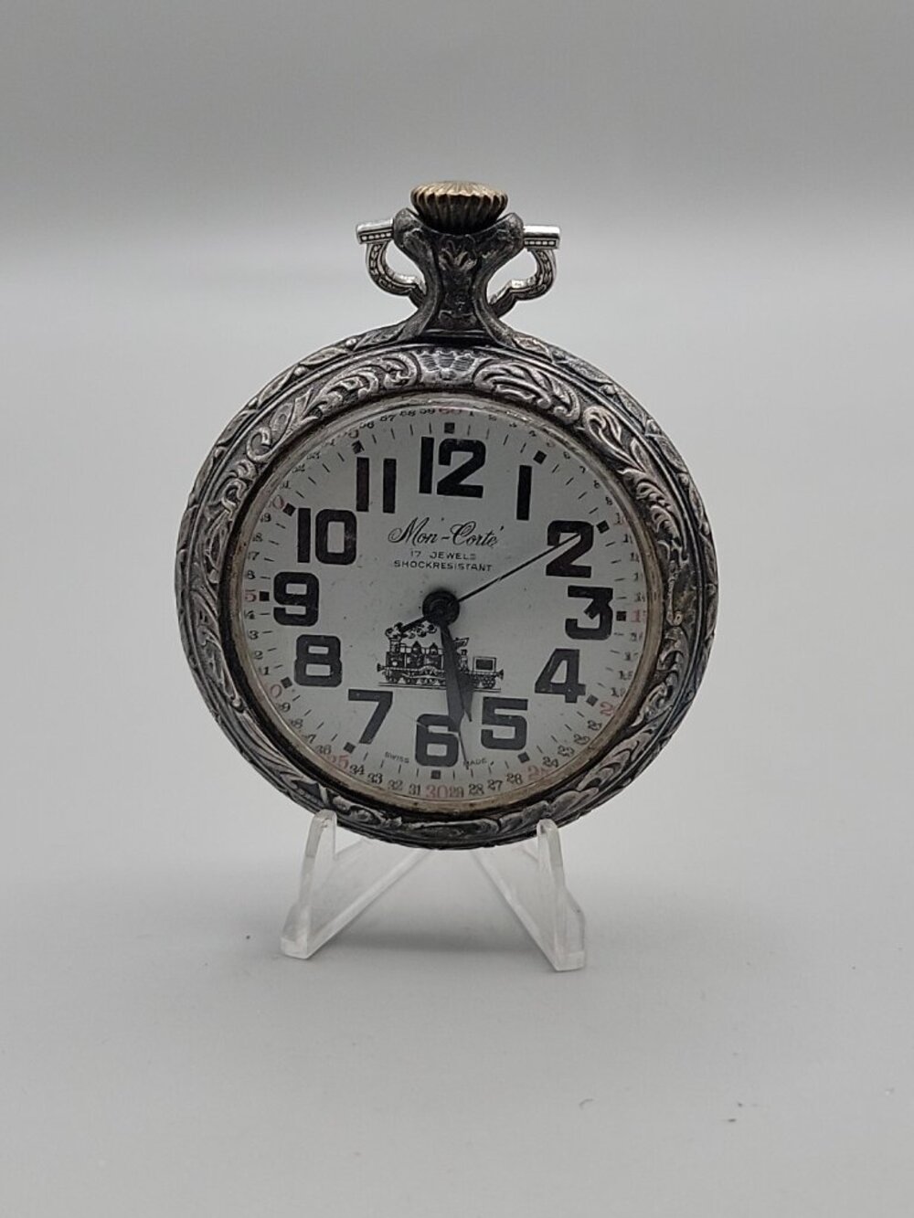 Swiss Railroad Grade Wind Pocket Watch Mon-Corte By EVASO SA 17j Antique - Picture 3 of 16